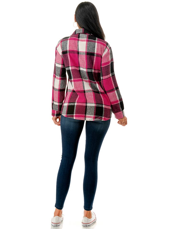 Color 5 - Vendita all'ingrosso Giacca a camicia - Donna - Camicia oversize in flanella scozzese rosa con tasche9