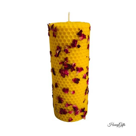 HoneyGifts - Wholesale Pillar Candle - 100% pure beeswax candle with rose petals3