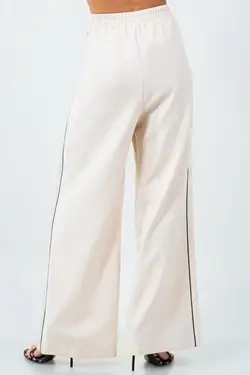 CONTRAST PIPING DETAILED STRAIGHT LEG TROUSERS - BEIGE for wholesale on Faire2