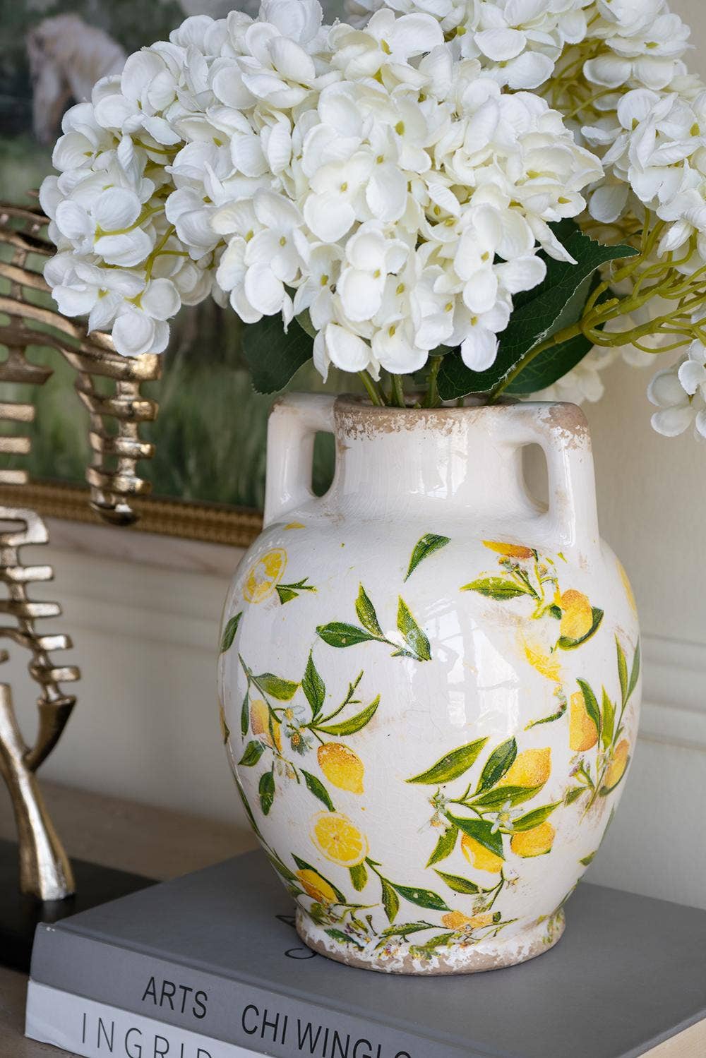 A&B Home Group Inc. - Wholesale Vase - 6.7x6.7x8.7" White Ceramic Vase w/ Lemon Motif Small Handles1