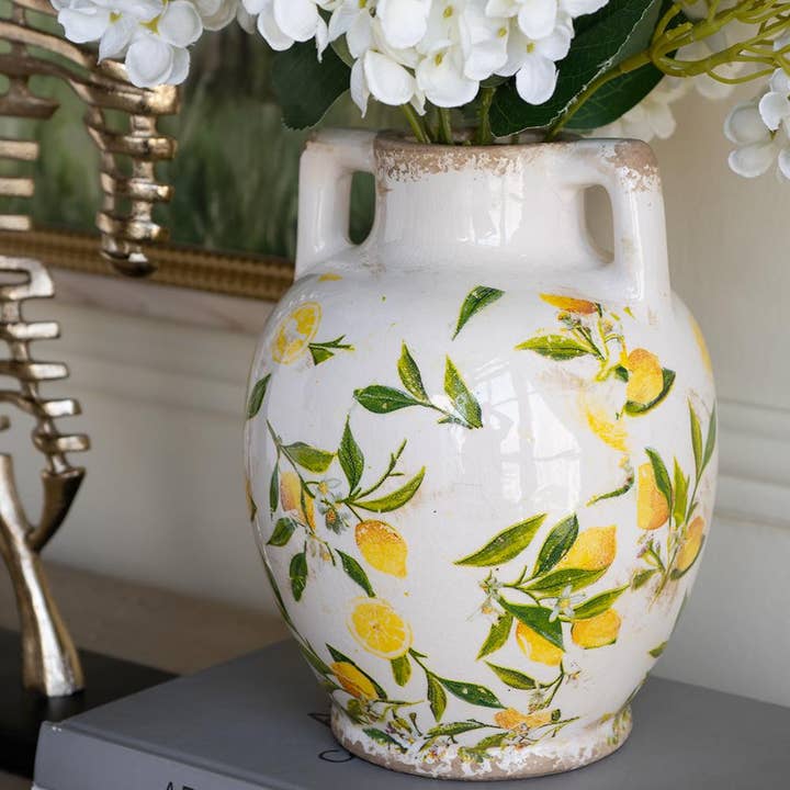 A&B Home Group Inc. - Wholesale Vase - 6.7x6.7x8.7" White Ceramic Vase w/ Lemon Motif Small Handles1