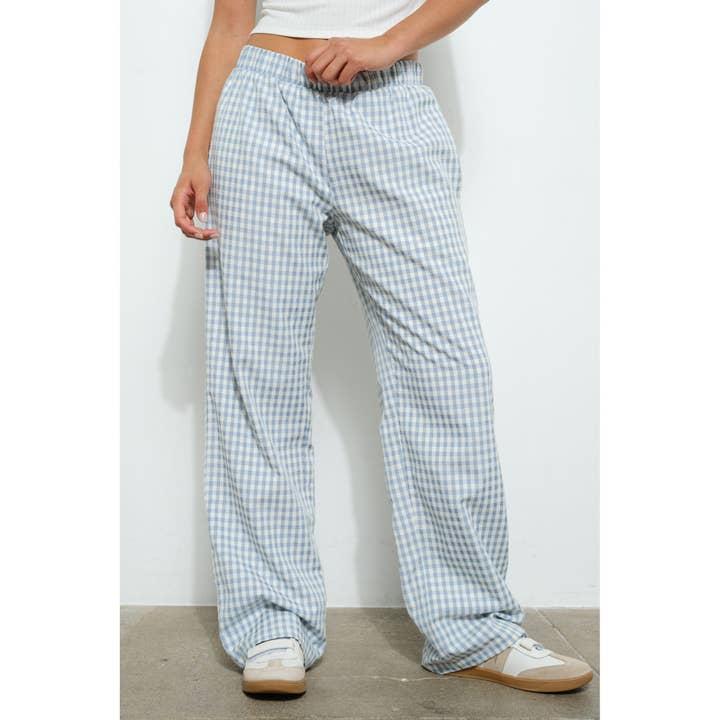 Gingham Relaxed Pants with Elastic Waist and Back Pockets for wholesale by Blue Bunny Inc