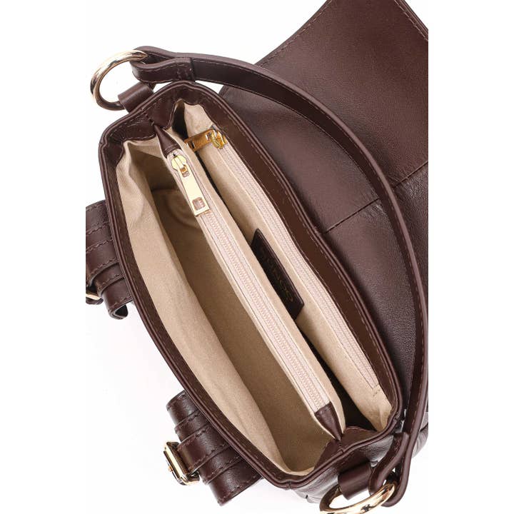 Marron foncé Petite boucle en forme de miel en cuir italien marron foncé et doré en vente sur Faire