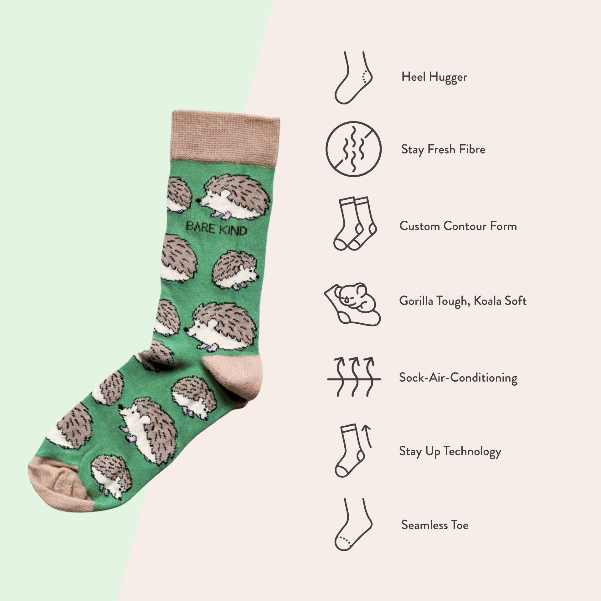 Bare Kind Socks – wholesale Socks – Unisex – Hedgehog Socks | Bamboo Socks | Green Socks | UK Socks6