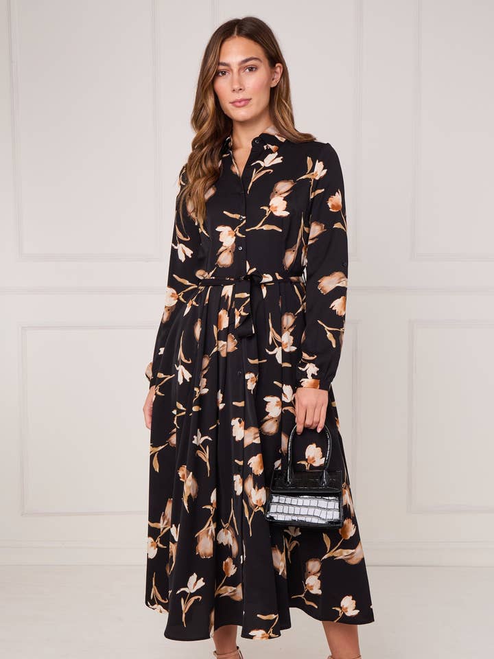 8pcs Black Soft Bloom Print Midaxi Shirt Dress for wholesale by Love Sunshine Wholesale