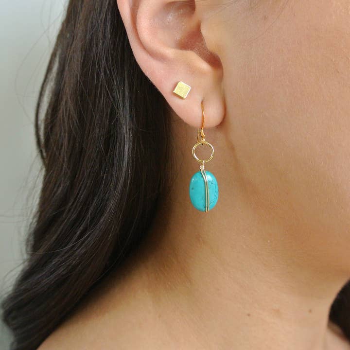 Wire Wrapped Turquoise Oval Stone Gold Ringlet Earrings for wholesale by Edgy Petal Jewelry