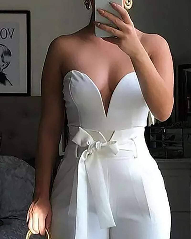 WHITE new bandeau ruched skinny jumpsuit with belt for wholesale on Faire1