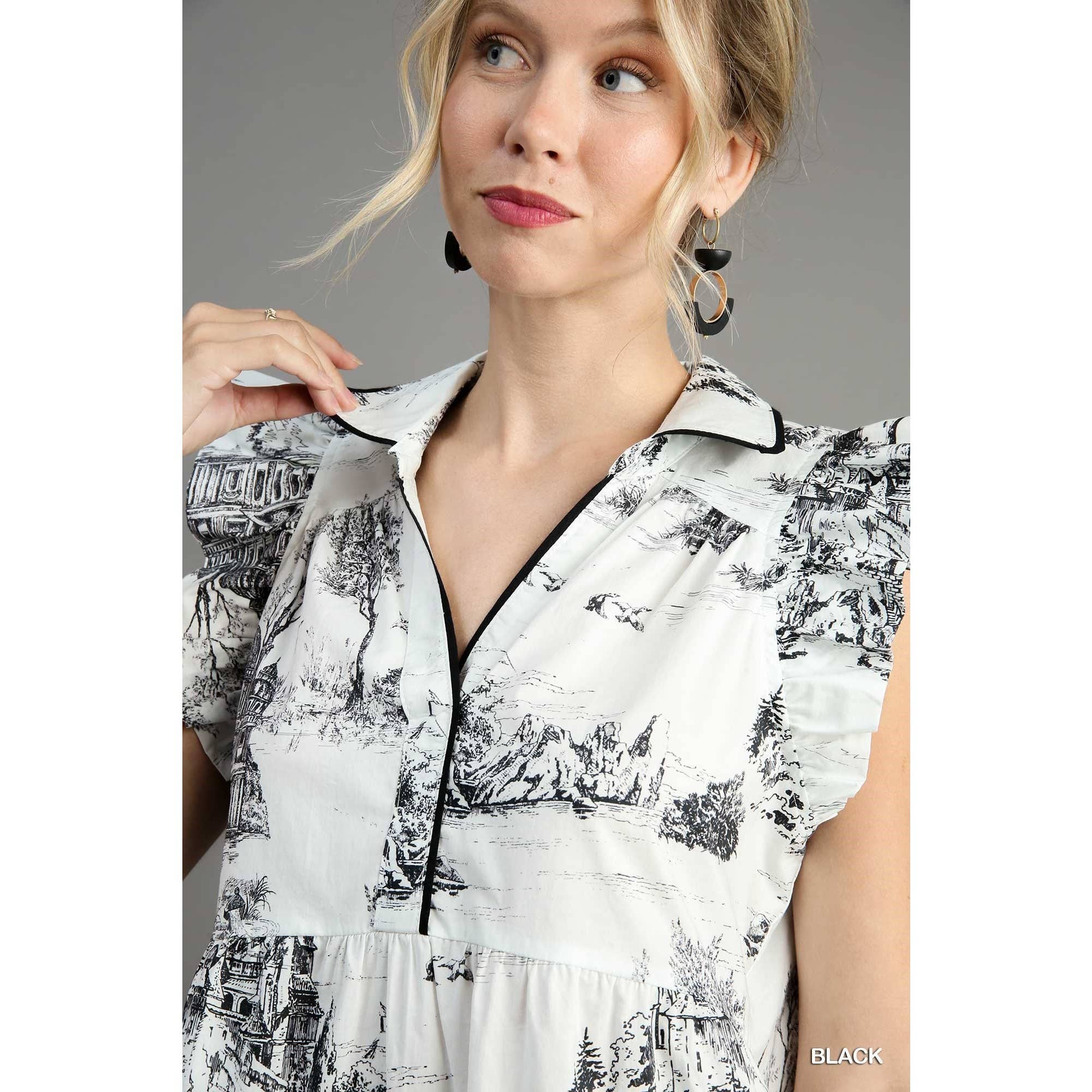 BNS - Vente Robe – femme - Robe à manches volantées à imprimé paysage avec passepoil15