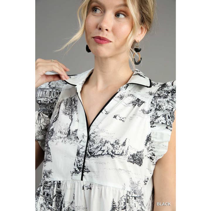 BNS - Vente Robe – femme - Robe à manches volantées à imprimé paysage avec passepoil15