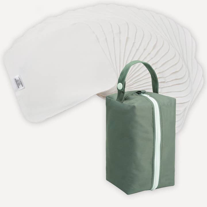 Lingettes en coton réutilisables - Pack de 20 avec étui de voyage en sauge pour la vente par Nora’s Nursery