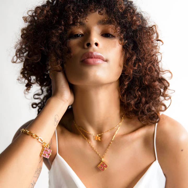 Fortune & Frame - Wholesale Charm/Dangle Bracelet - Book Charm Bracelet (Magenta) - Gold2