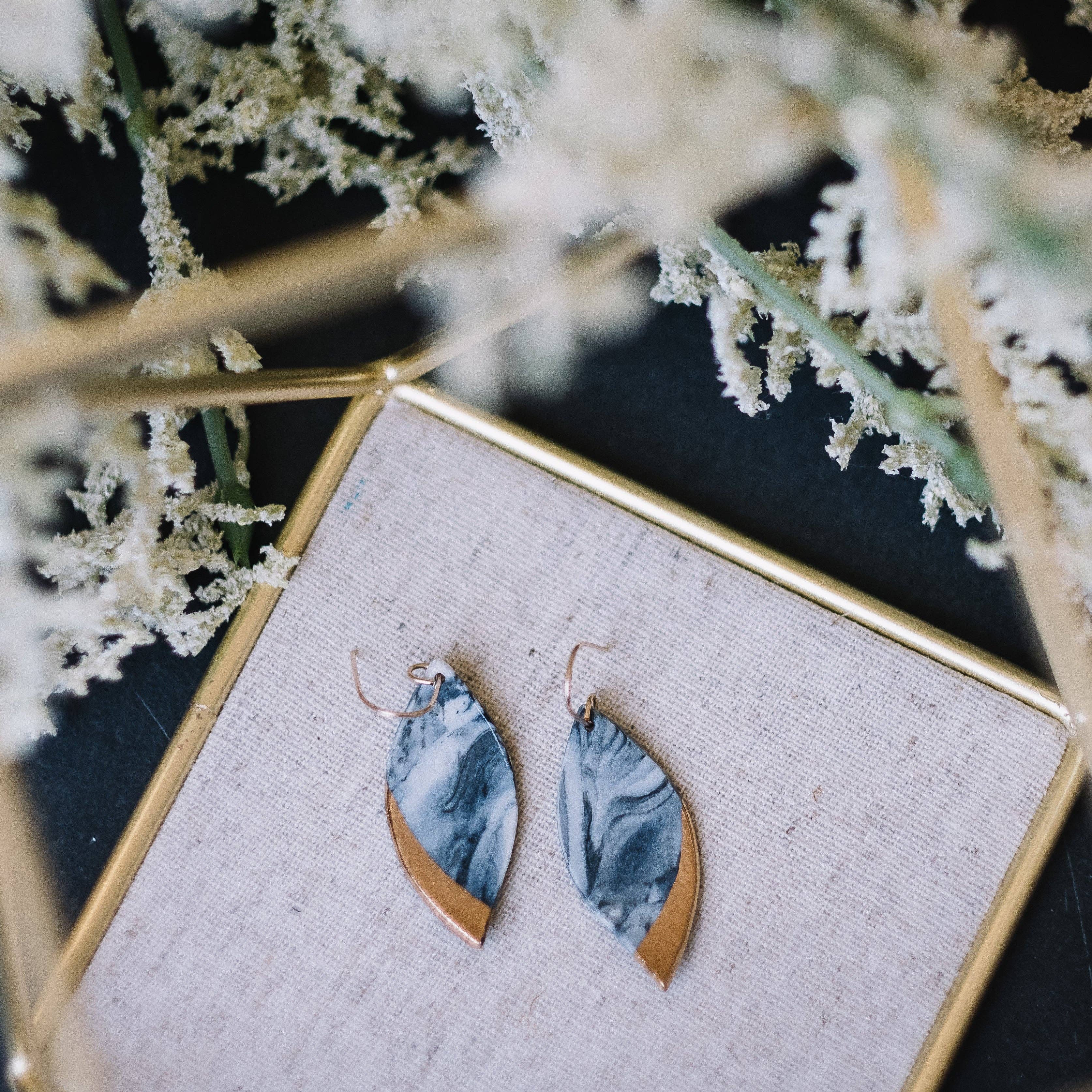 Remnant Studios - Wholesale Dangle Earrings - granite - black and blue marbled leaf earrings1