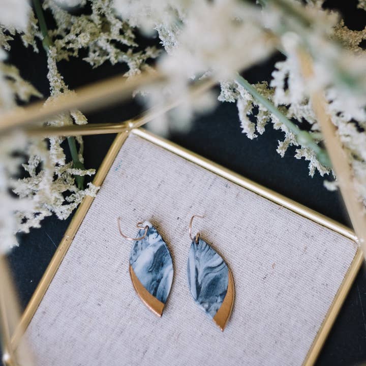 Remnant Studios - Wholesale Dangle Earrings - granite - black and blue marbled leaf earrings1