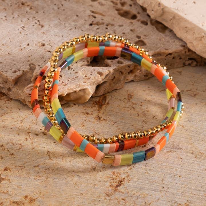 Mayana Designs Co - Wholesale Beaded Bracelet - Set/3 Miyuki Tila Bracelets (Aqua/Orange)