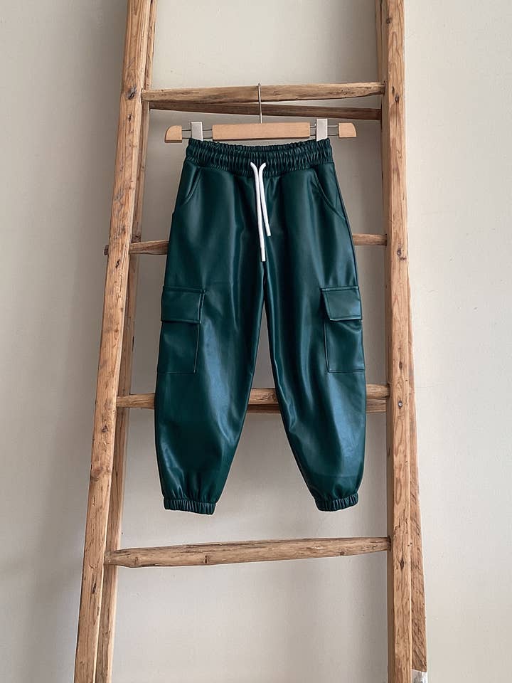 Faux leather jogging pants with pockets FF5876 with FOREST GREEN for wholesale by FUNBEE kid Made in Italy