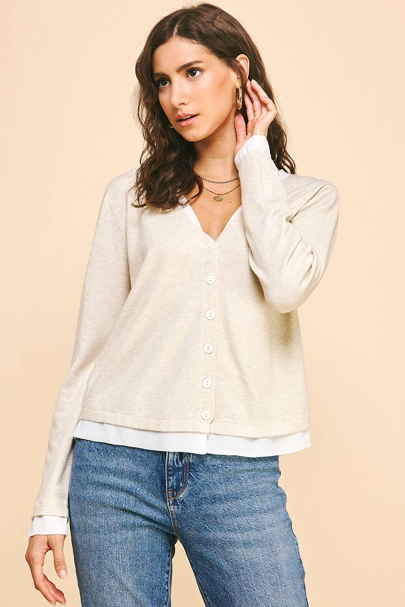PINCH - Wholesale Knit Top - Women's - V-NECK WOVEN COMBO CARDIGAN TOP - 5831W1