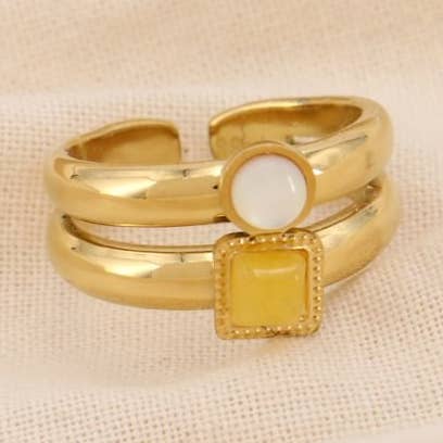 Bague double-anneaux acier cabochons pierre nacre 0425029 pour la vente par Lilas de Seine