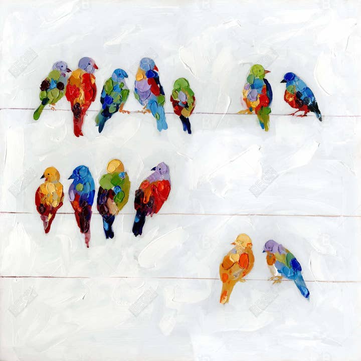 Rood Kleurrijke vogels op een draad | ingelijste print op canvas 48" x 48" voor groothandel op Faire