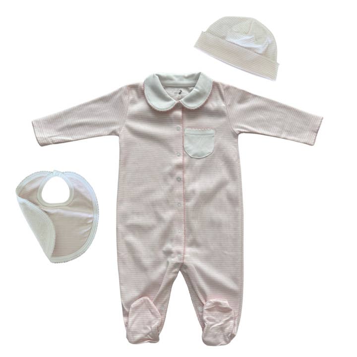 Coffret cadeau pour nouveau-né Pima en coton à rayures roses (footie+bonnet+bavoir) pour la vente par Pim Baby