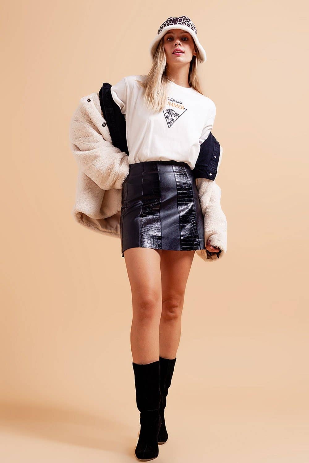 Leather look croc mini skirt in black for wholesale on Faire2