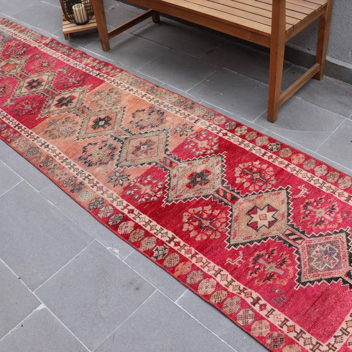 Turkish Rug, Runner 2,6x10,3 ft Vintage Rug, Red Orange Patchwork Wool Rug for wholesale by The Loom Wholesale