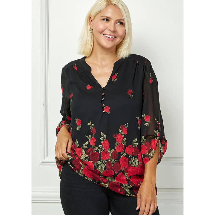 PLUS SIZE LINED BLOUSE WITH 3/4 BUTTON TAB SLEEVES for wholesale by Winslow Collection