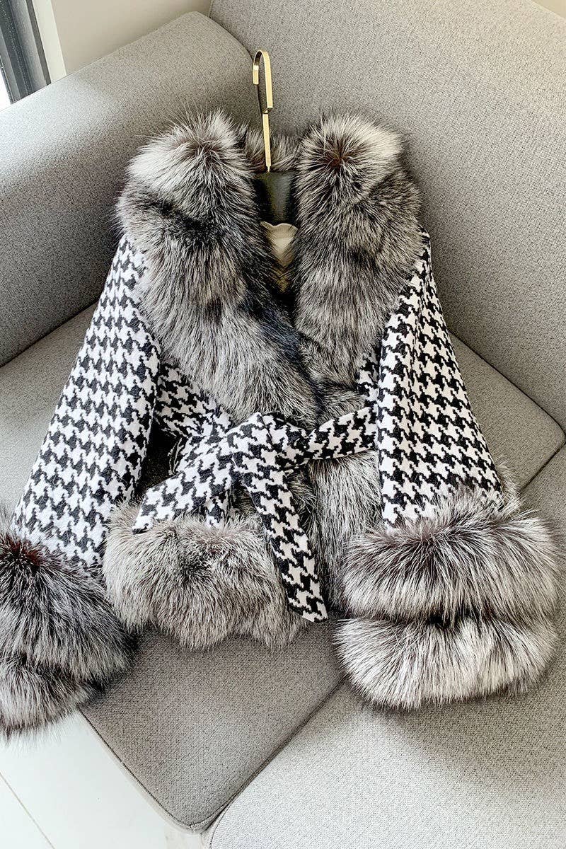 Productseeker – Casaco de pele/imitação de pele - Mulher por atacado – JK101Y Chic Houndstooth Casaco de Pele Faux - Curto e Estiloso5