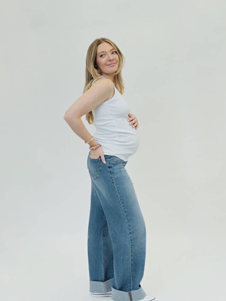 1822 Denim - Wholesale Jeans - Maternity - Maternity Roll Cuff Wide Leg Jean w/ Bellyband in Paige