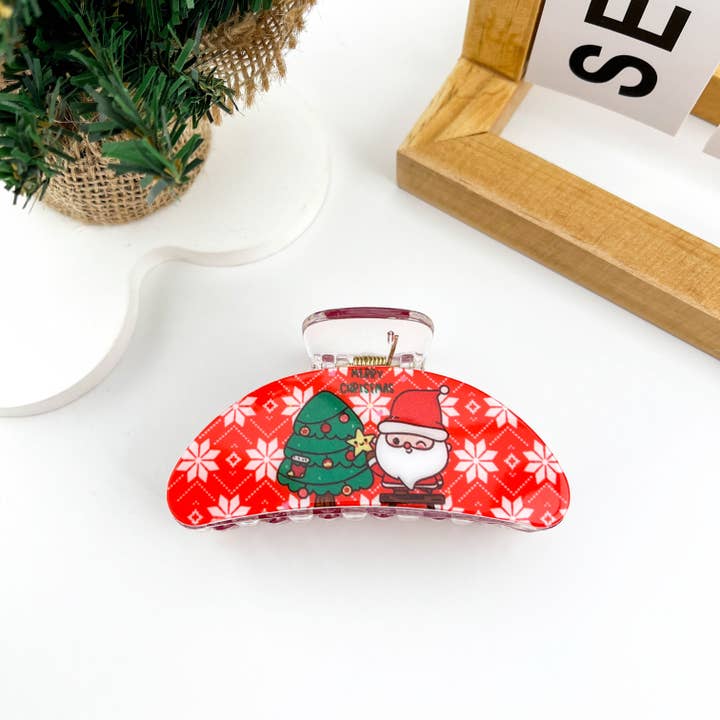 mildstyles - Wholesale Hair Clip - Women's - Christmas Red PU Santa Claus Printed Crescent Hair Claw Clip