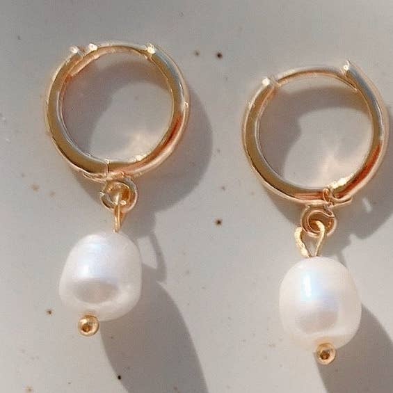 18K Gold Plated Pearl Hoops | Pearl Huggie Earrings for wholesale by Honey Dijon