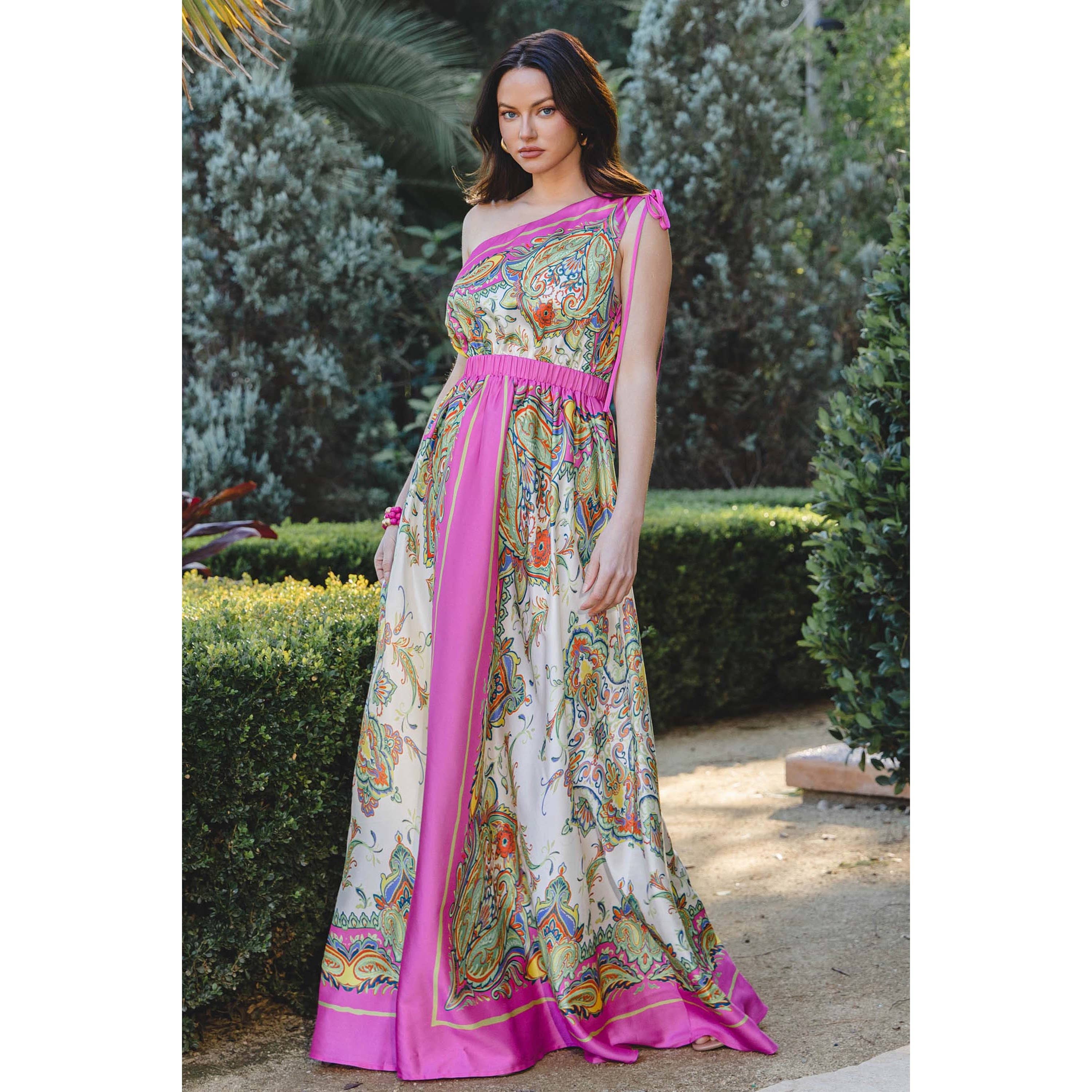 The Sang - Wholesale Dress - Women's - SATIN BORDER PRINT ONE SHOULDER MAXI DRESS1