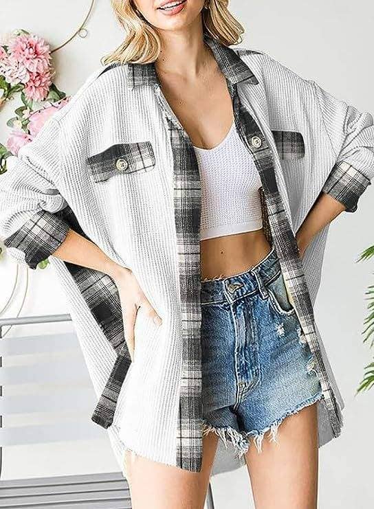 Queen Fashion – wholesale Jacket – Women's – sleeve top melliflo waffle knit plaid shacket26