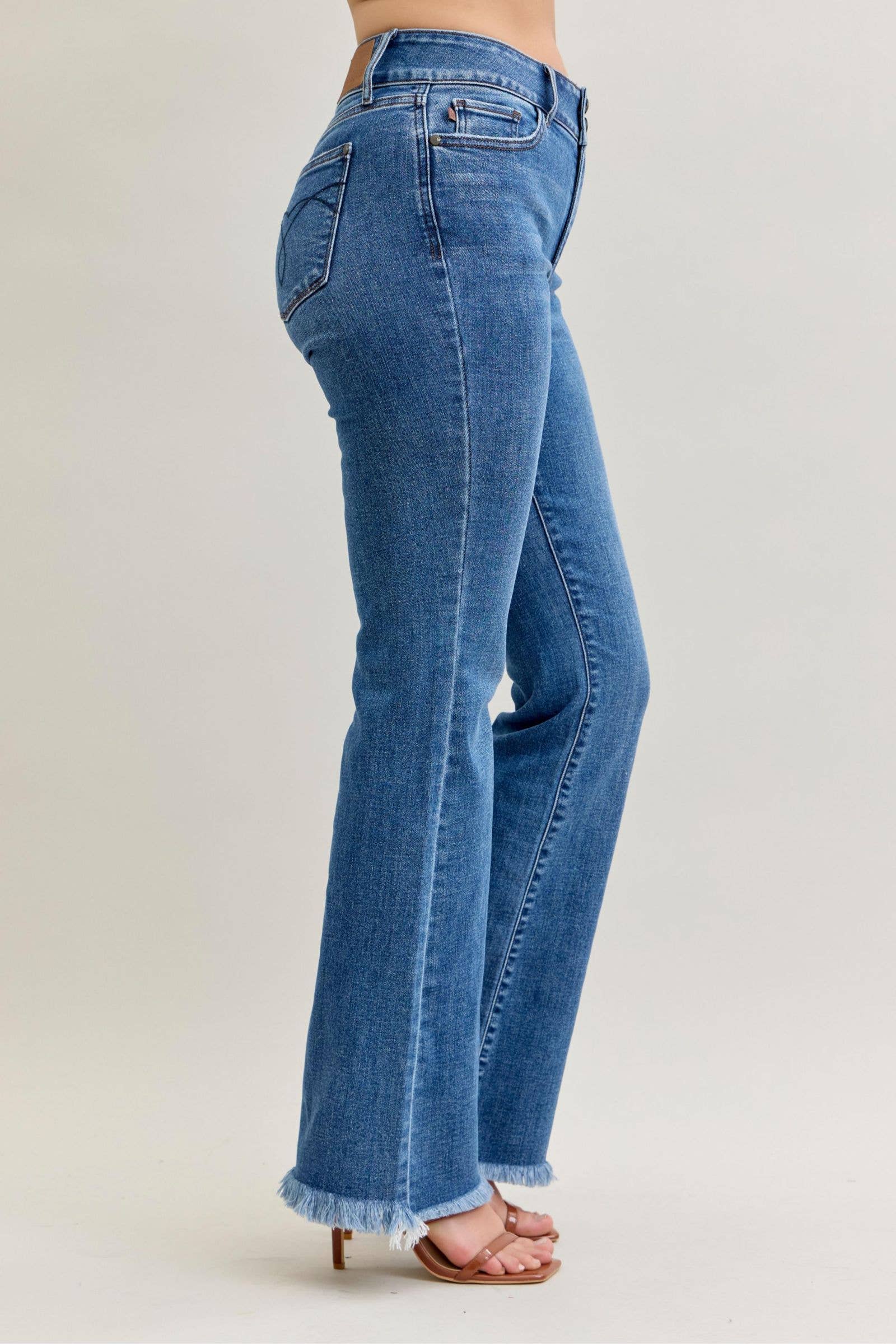 Watermelon Apparel - Wholesale Jeans - Women's - Judy Blue High Waist Double Button Fray Hem Bootcut, Inseam 6