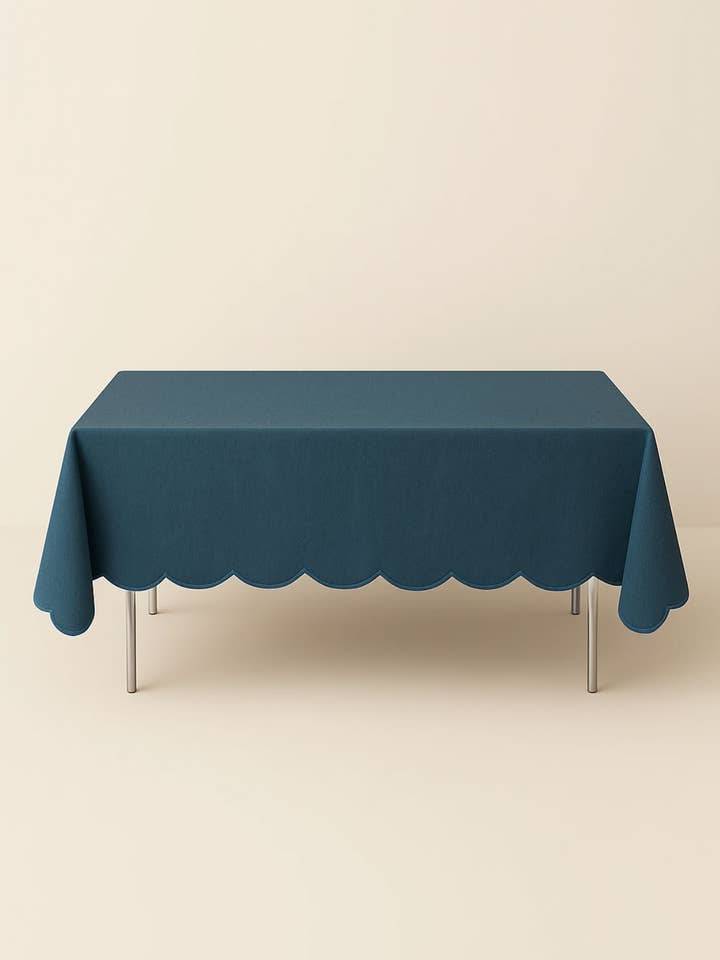 PRE-ORDER | The scalloped peacock blue linen tablecloth for wholesale by Tomète