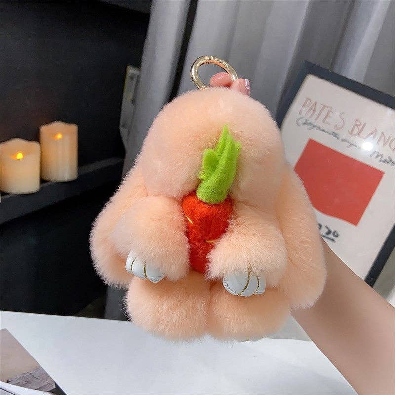 Plush Looks - Wholesale Keychain - Women's - Rex Rabbit Fur Cute Fluffy Bunny Holding Carrot Keychain7