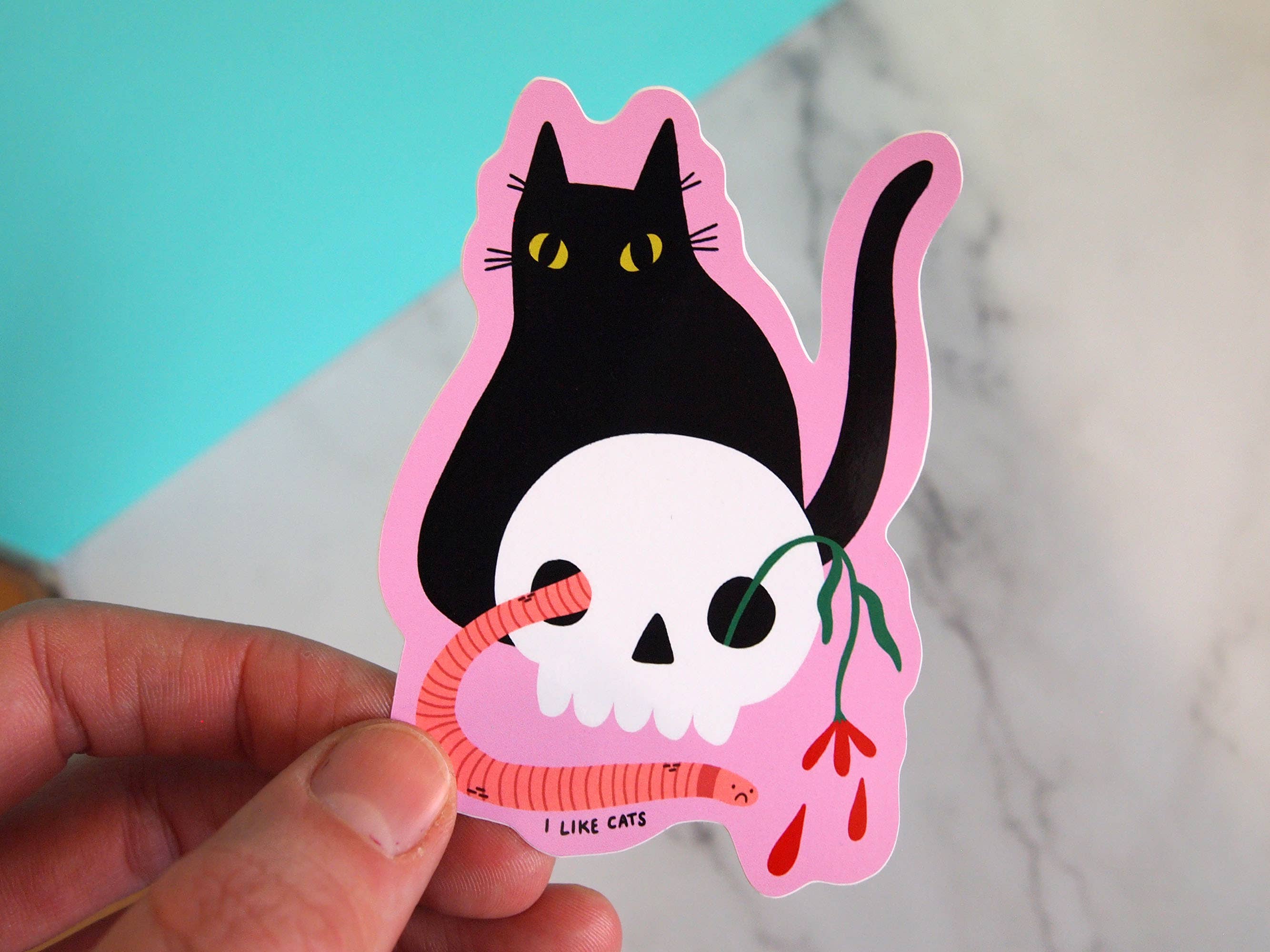 I LIKE CATS – wholesale Sticker – Black cat with skull illustrated vinyl sticker3