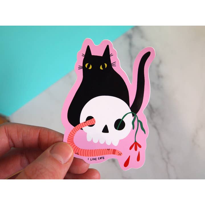 I LIKE CATS - Wholesale Sticker - Black cat with skull illustrated vinyl sticker3