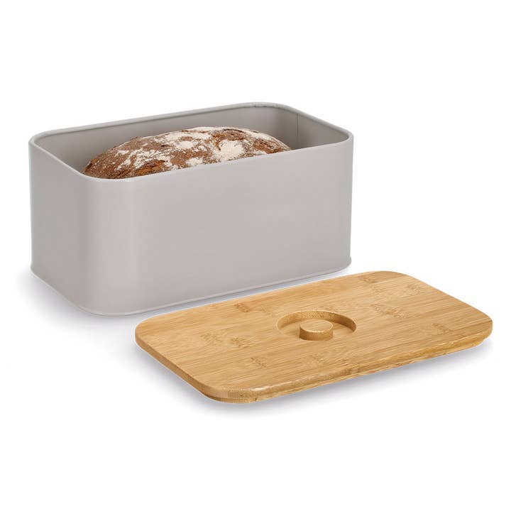 Bread box with bamboo lid, metal, beige for wholesale on Faire1