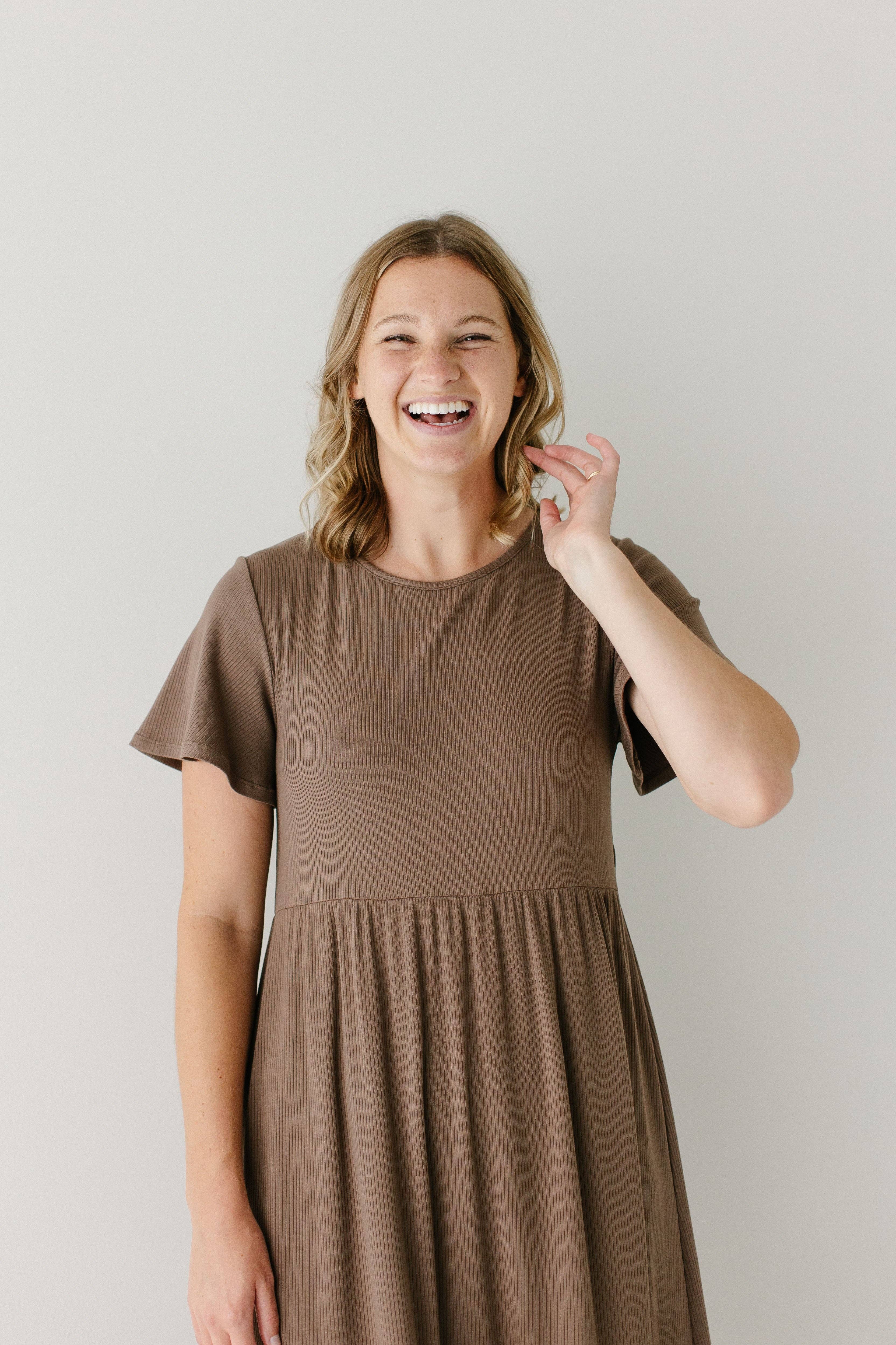 'Shiloh' Ribbed Tiered Midi Dress in Mocha FINAL SALE for wholesale on Faire1