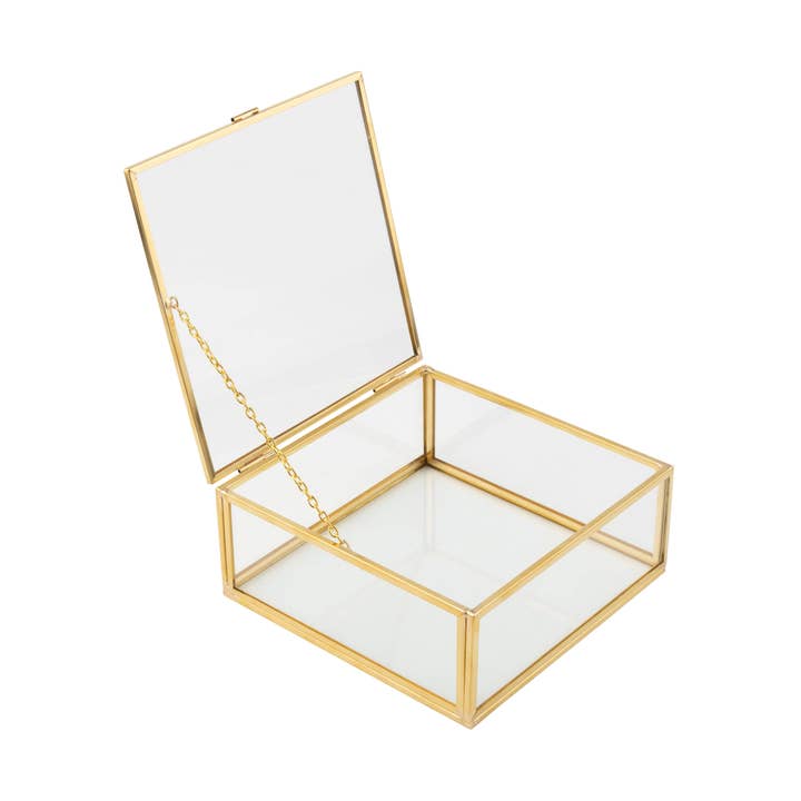 A01063 : Boîte d'exposition en verre à cadre doré, forme carrée, 5x5 pouces pour la vente par Silver Tree Home & Holiday