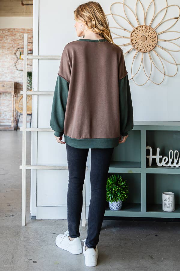 7th Ray - Wholesale Knit Top - Women's - Color Block Front Pocket Oversized Long Sleeve Top T534514