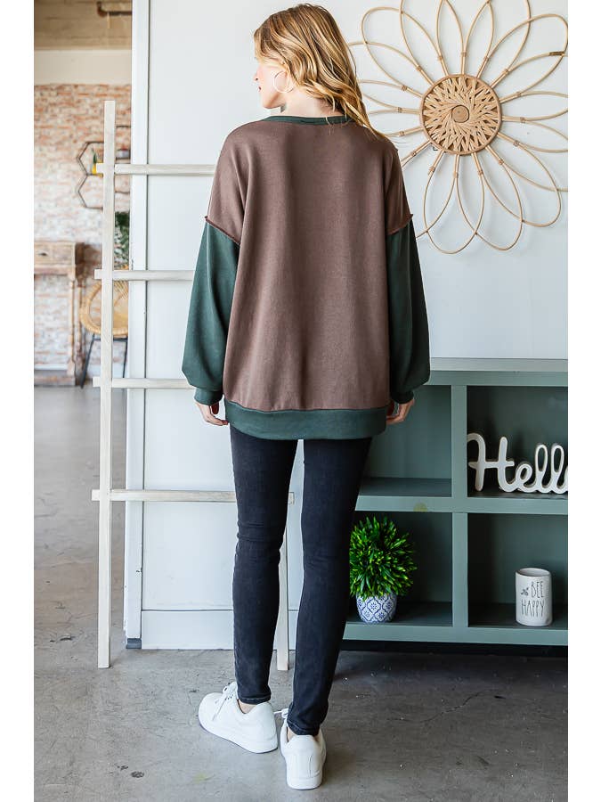 7th Ray - Wholesale Knit Top - Women's - Color Block Front Pocket Oversized Long Sleeve Top T534514