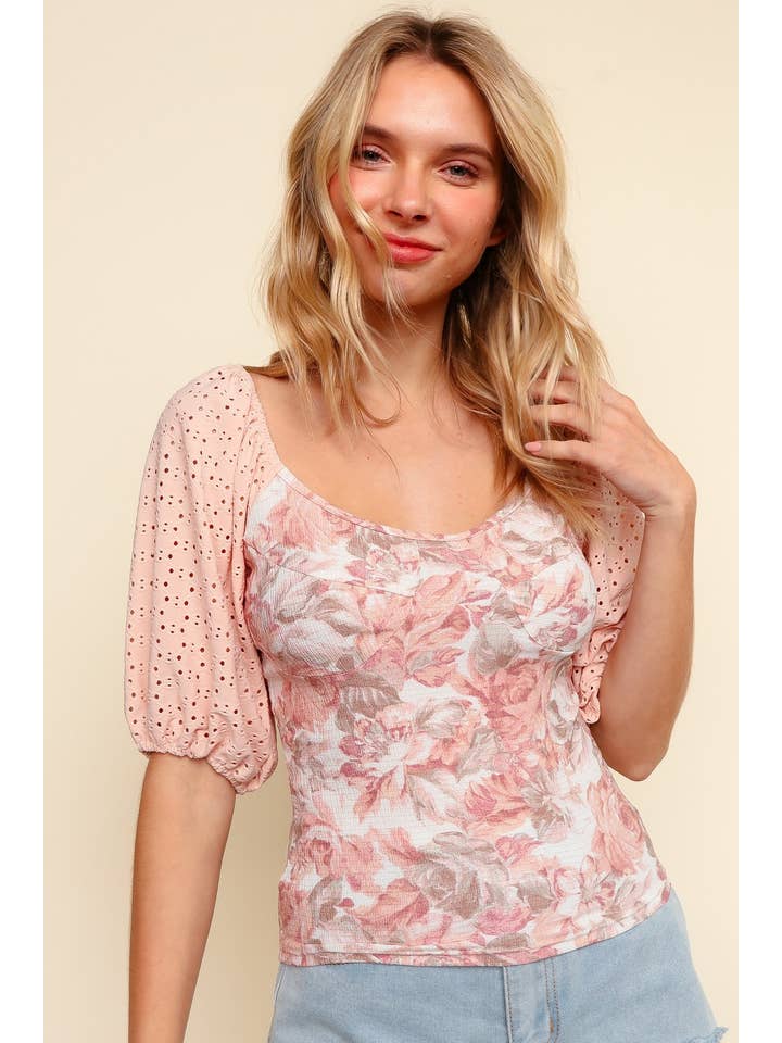 DUSTY ROSE Eyelet Short Sleeve Floral Fitted Top for wholesale on Faire
