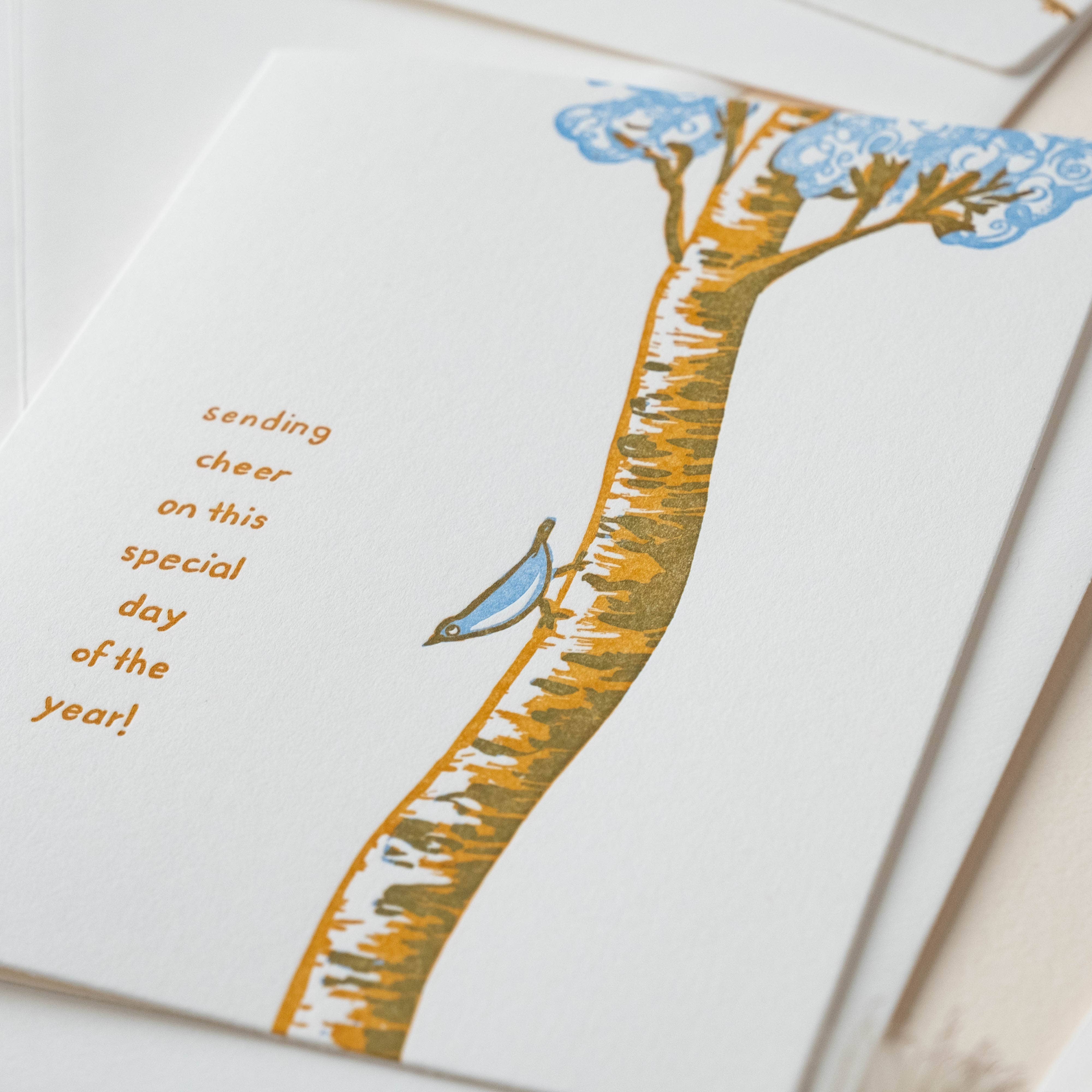 Homework Letterpress Studio - Wholesale Everyday Greeting Card - Bird sending cheer | Birthday Everyday | Letterpress Card1