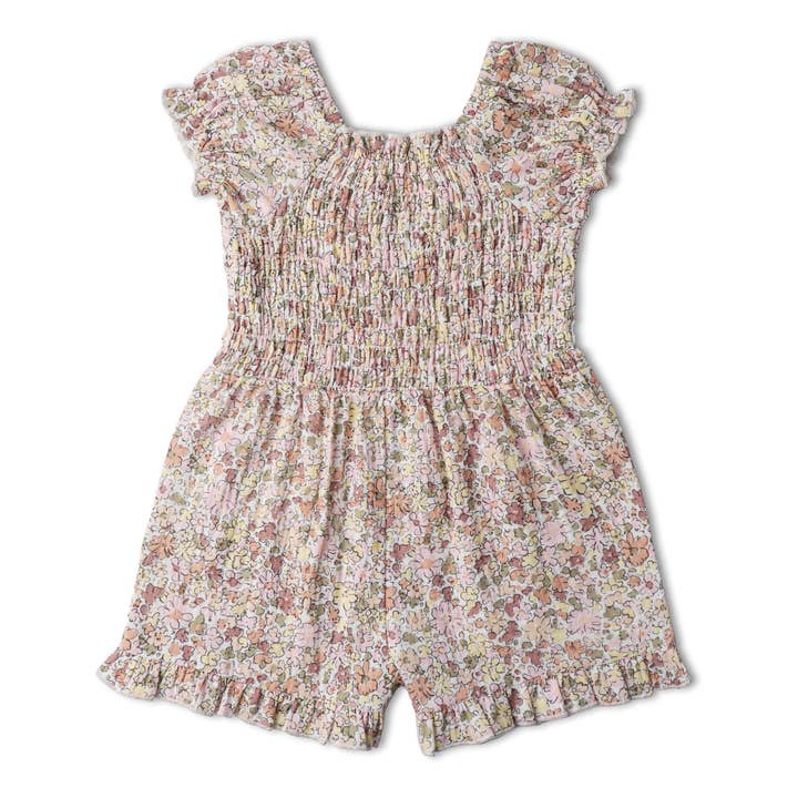 Organic Smocked Jumpsuit - Pastel Bloom for wholesale by Makemake Organics