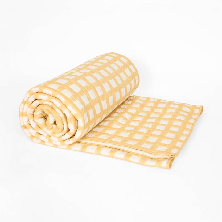 BLOCK-PRINTED QUILT - BUTTER YELLOW GRAPH CHECKS for wholesale by Craft Boat