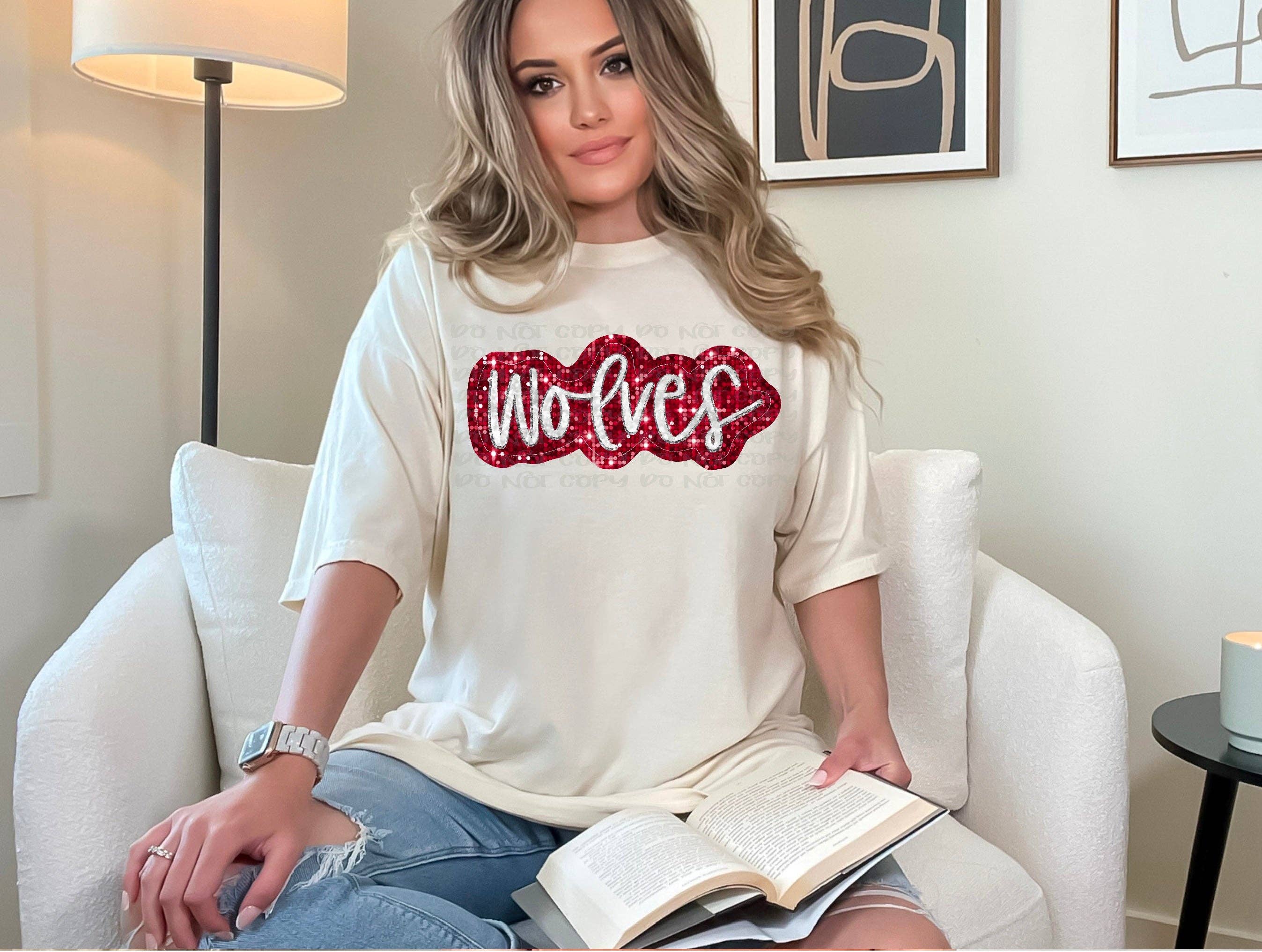 K and M Designs - Wholesale Sublimation Transfer - Wolves Sequined Stitched White and Red DTF Transfer