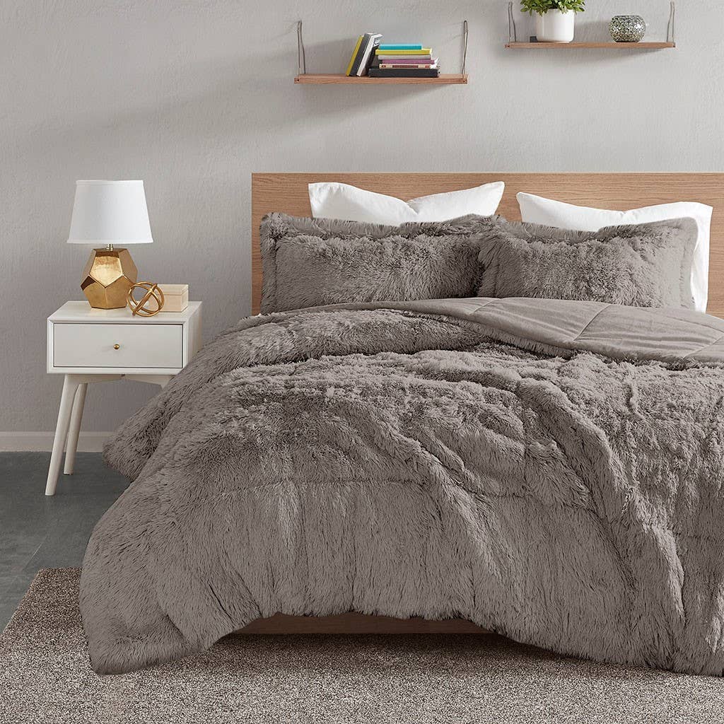 Olliix - Wholesale Bedding Set - Shaggy Fur 3-Piece Comforter or Duvet Cover Set, Grey1