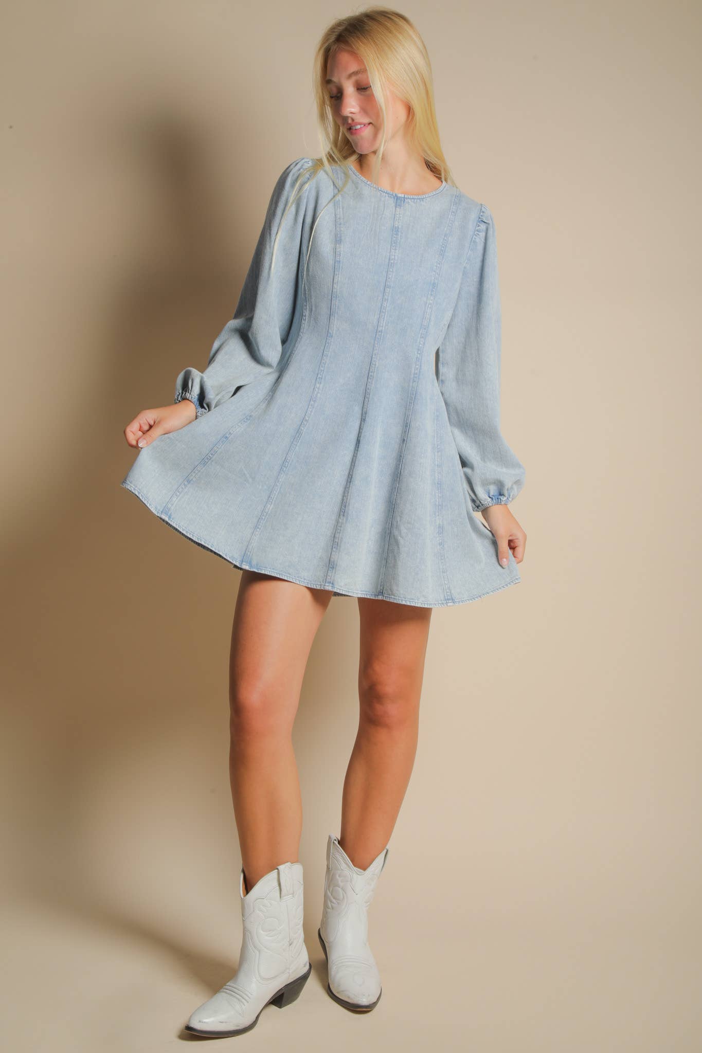 VERY J - Wholesale Dress - Women's - ND31817-Mineral Washed Denim Seam Detail Mini Dress10