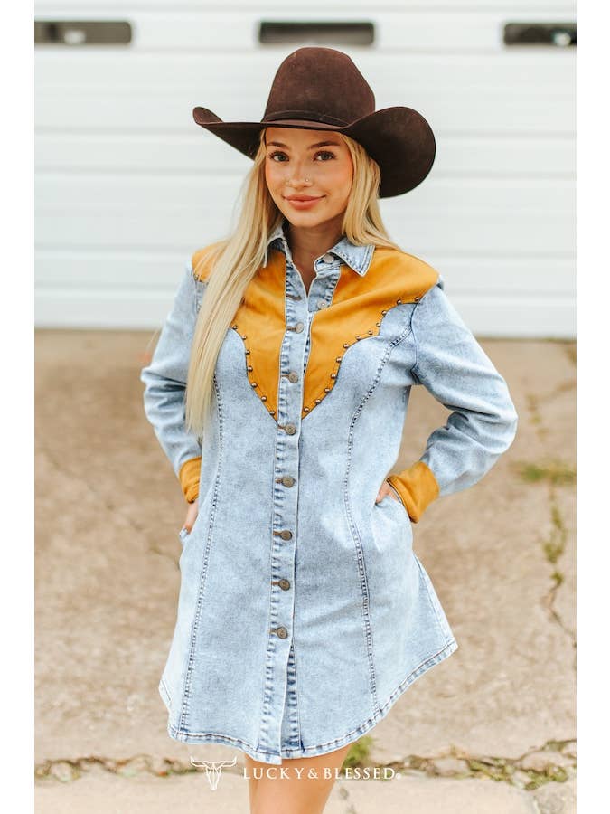 LUCKY & BLESSED - Wholesale Dress - Women's - Mineral Wash Denim Concho Suede Studded Yoke2